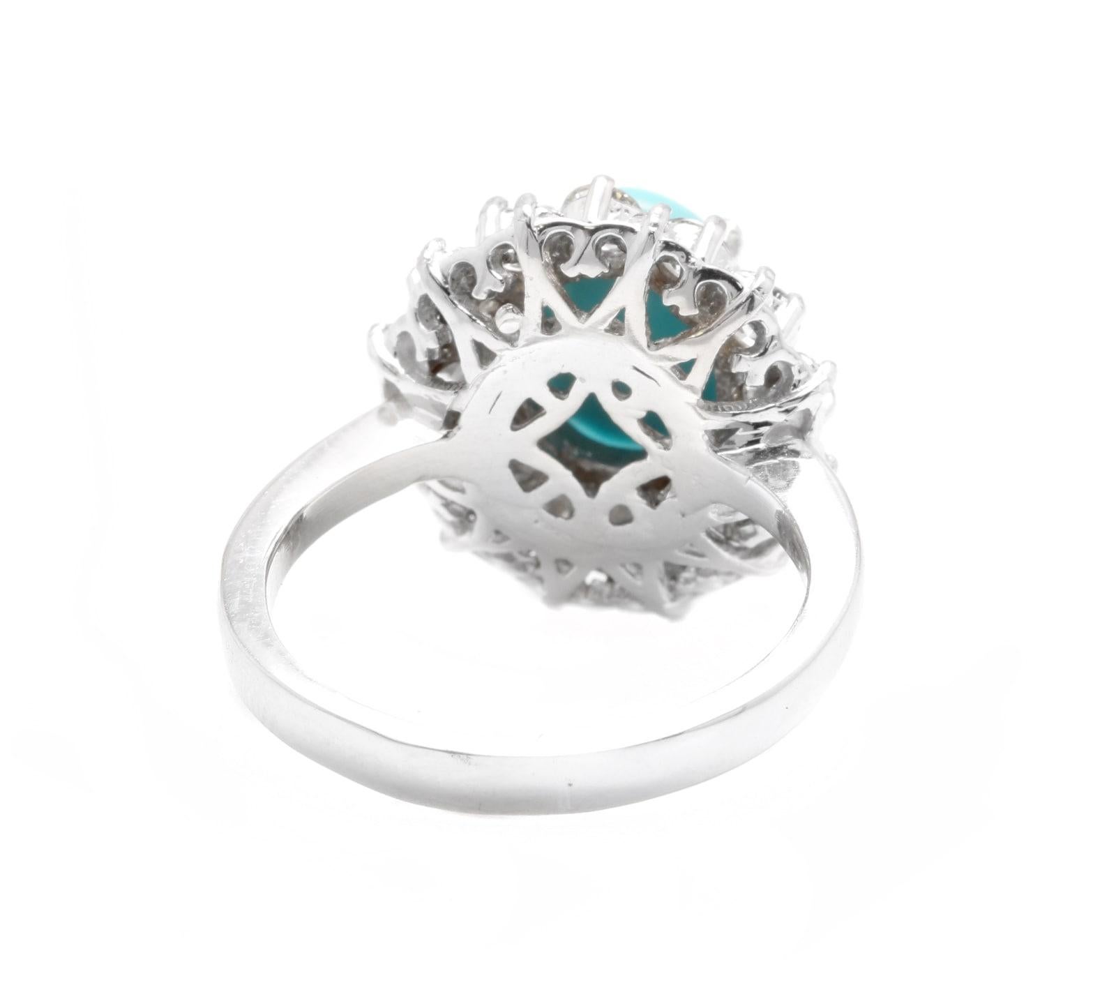 Women's 3.50 Carats Impressive Natural Turquoise and Diamond 14K White Gold Ring For Sale