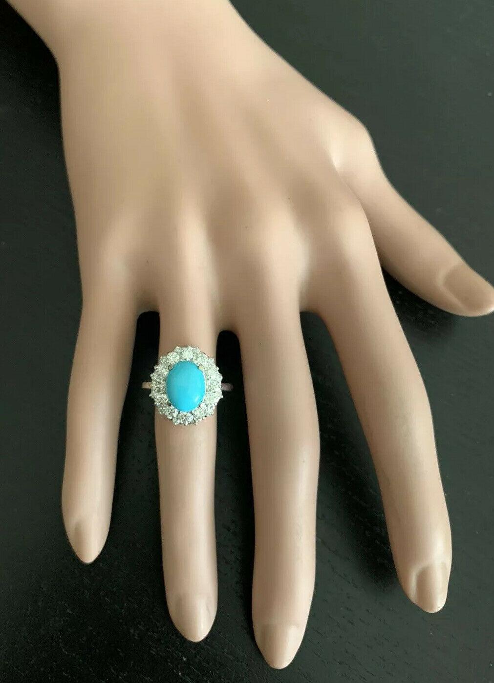 3.50 Carats Impressive Natural Turquoise and Diamond 14K White Gold Ring For Sale 1
