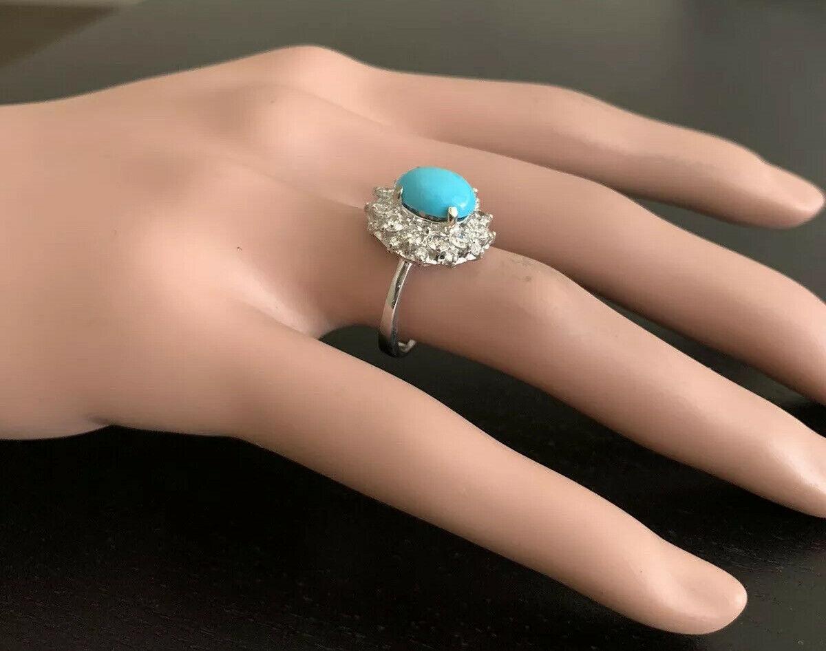 3.50 Carats Impressive Natural Turquoise and Diamond 14K White Gold Ring For Sale 3