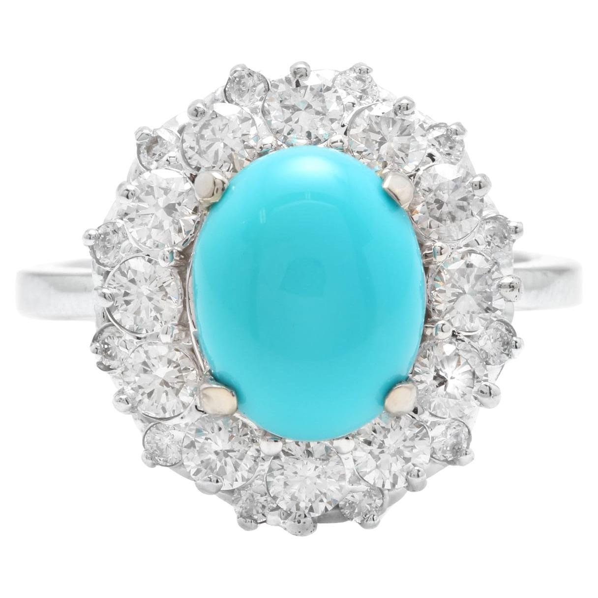 3.50 Carats Impressive Natural Turquoise and Diamond 14K White Gold Ring For Sale