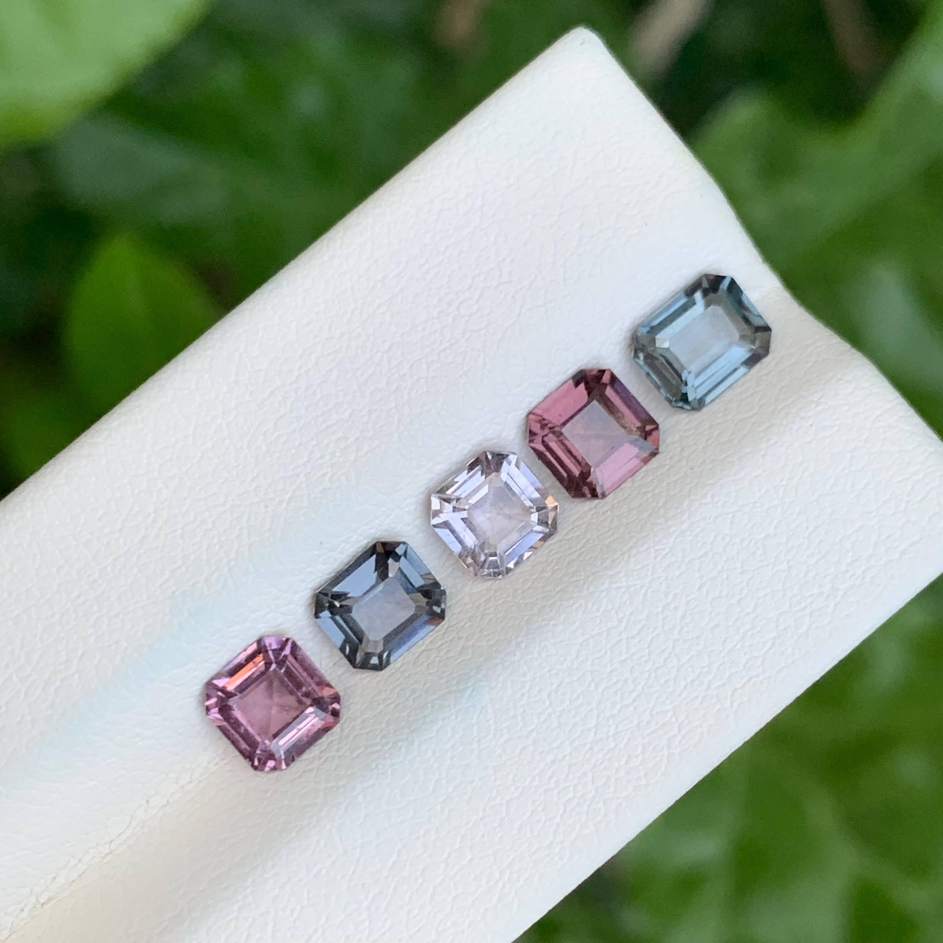 3.50 carats Multi Color 5 Piece Spinel Gems Lot Emerald Cut from Burma For Sale 3