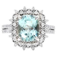 3.50 Carats Natural Aquamarine and Diamond 14K Solid White Gold Ring