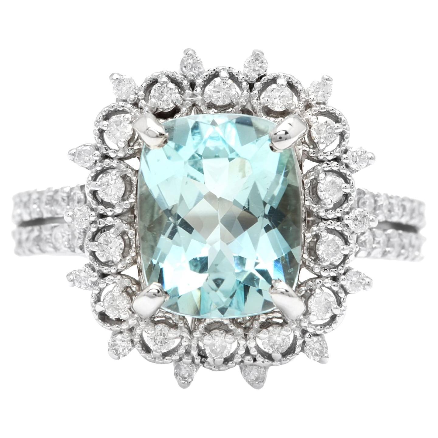 3.50 Carats Natural Aquamarine and Diamond 14K Solid White Gold Ring