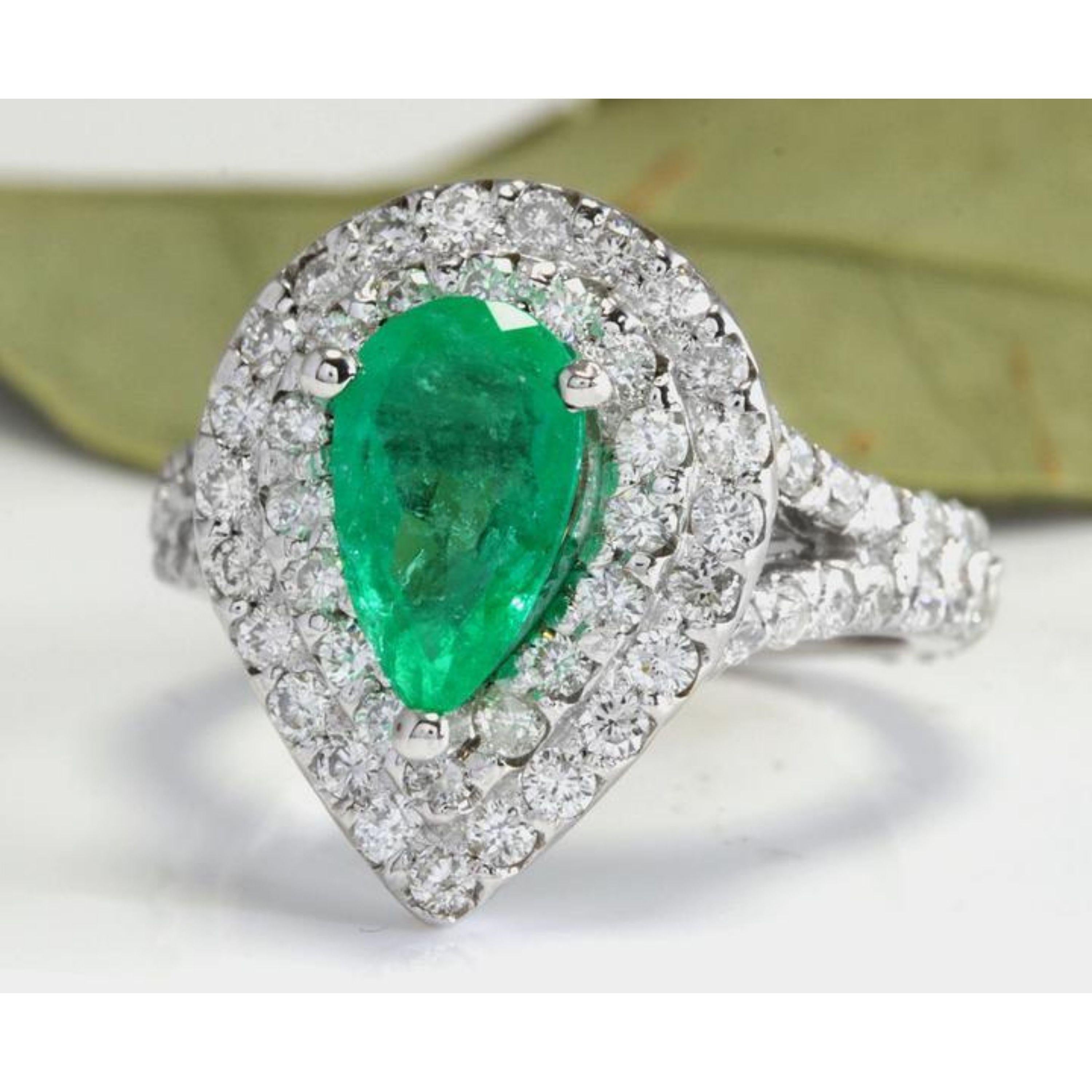 3.50 Carats Natural Colombian Emerald and Diamond 14K Solid White Gold Ring

Total Natural Pear Cut Emerald Weight is: 2.00 Carats (transparent)

Emerald Measures: 9.25 x 6.5mm

Natural Round Diamonds Weight: 1.50 Carats (color G / Clarity