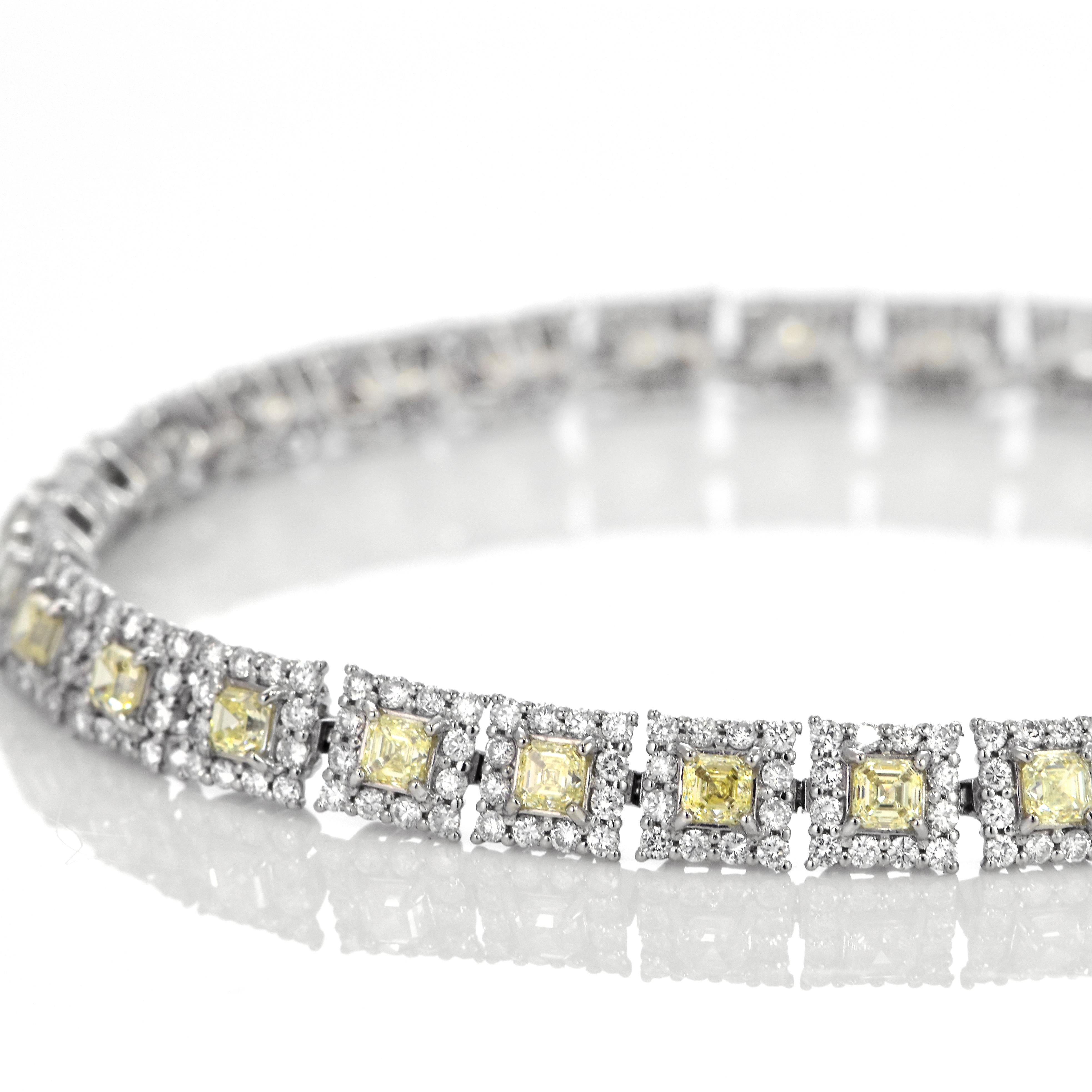 A beautiful bracelet featuring 3.50 Carats Natural Light Yellow Diamonds and 2.95 Carat Natural White Diamond accents set in Platinum. Diamonds have been adorned and cherished throughout human history and date back to thousands of years. They are