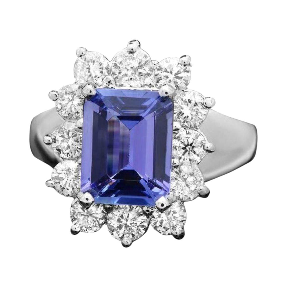 3.50 Carats Natural Tanzanite and Diamond 14k Solid White Gold Ring For Sale