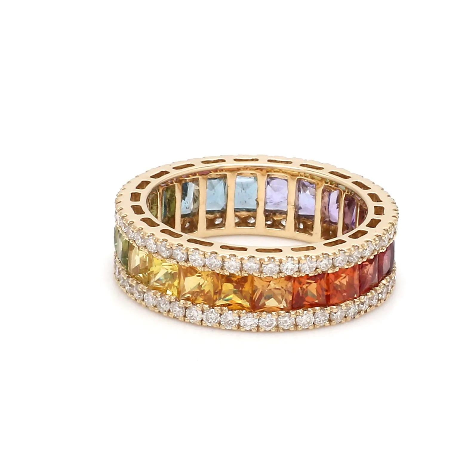 This ring has been meticulously crafted from 14-karat gold.  It is hand set with 3.5 carat multi sapphire, gemstones & 1.0 carats of sparkling diamonds. 

The ring is a size 7 and may be resized to larger or smaller upon request. 
FOLLOW  MEGHNA