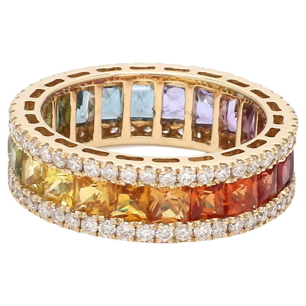 3.50 Carats Rainbow Sapphire Gemstone Diamond 14 Karat Gold Eternity Ring For Sale