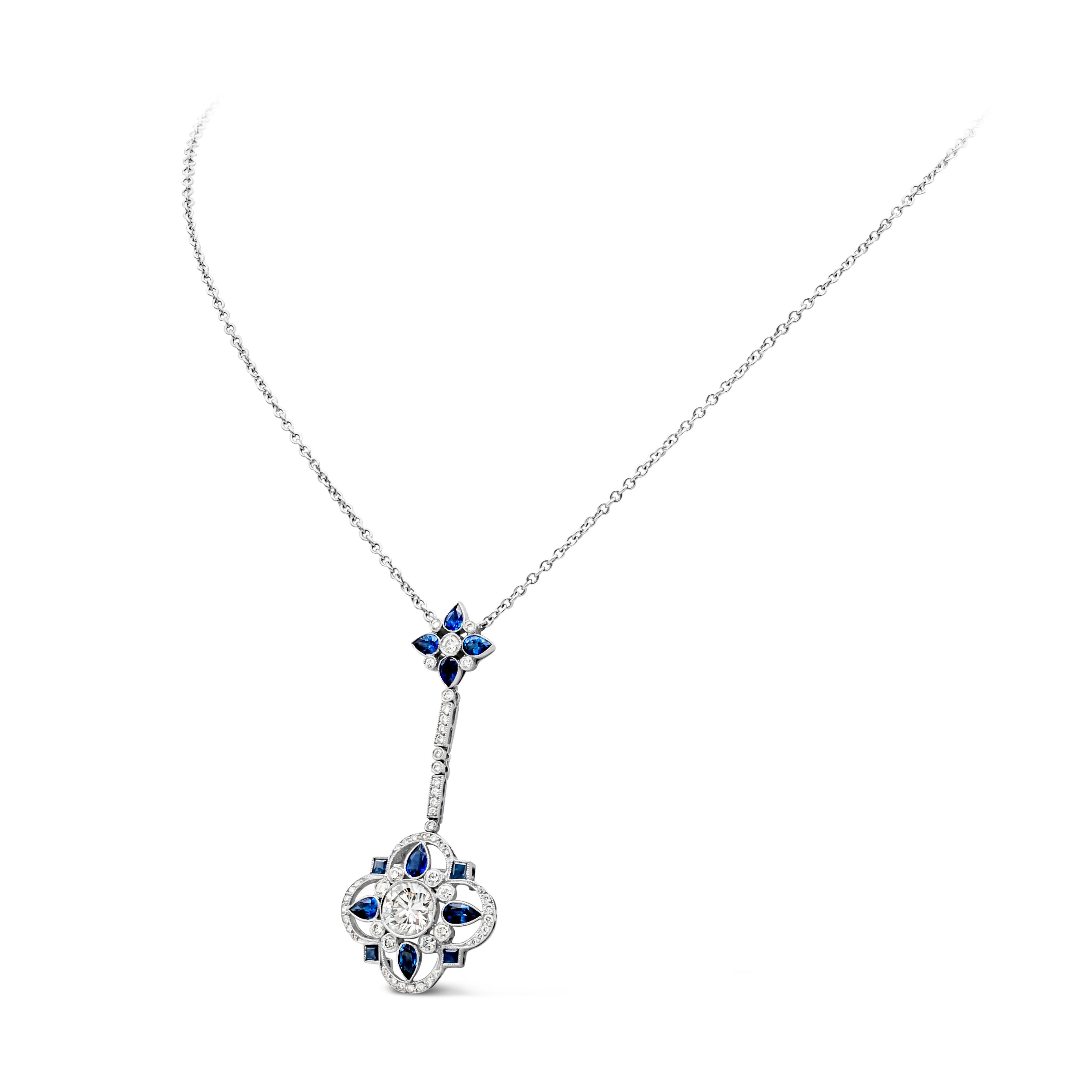 Art Nouveau Vintage 3.50 Carats Total Mixed Cut Blue Sapphire and Diamond Pendant Necklace For Sale