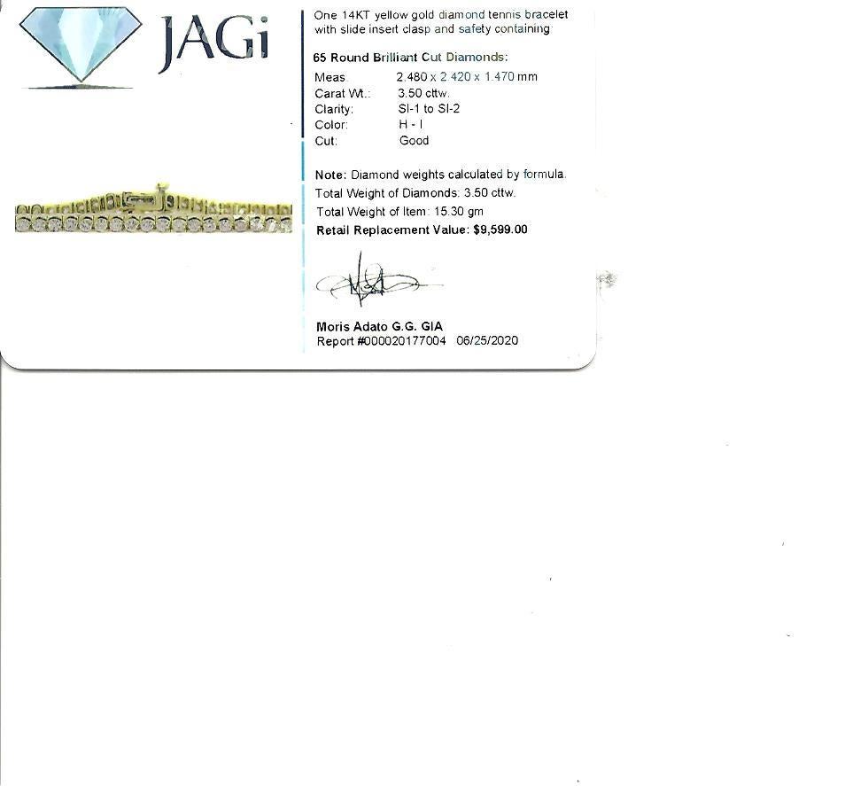 3.50 Carats Total Round Diamond Tennis Line Bracelet in 14 Karat Yellow Gold For Sale 6