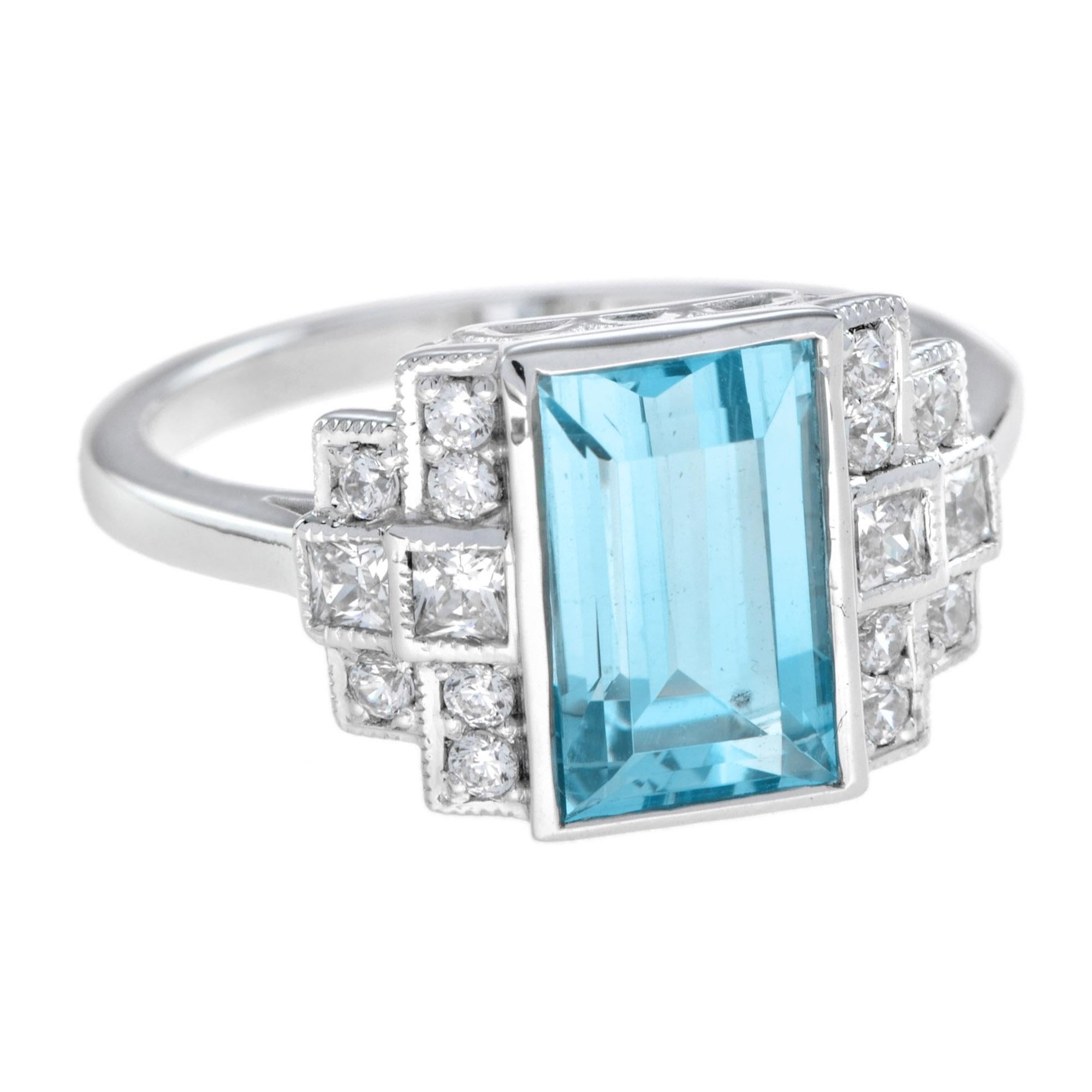 Emerald Cut 3.50 Ct. Aquamarine and Diamond Art Deco Style Cocktail Ring in 18K White Gold For Sale