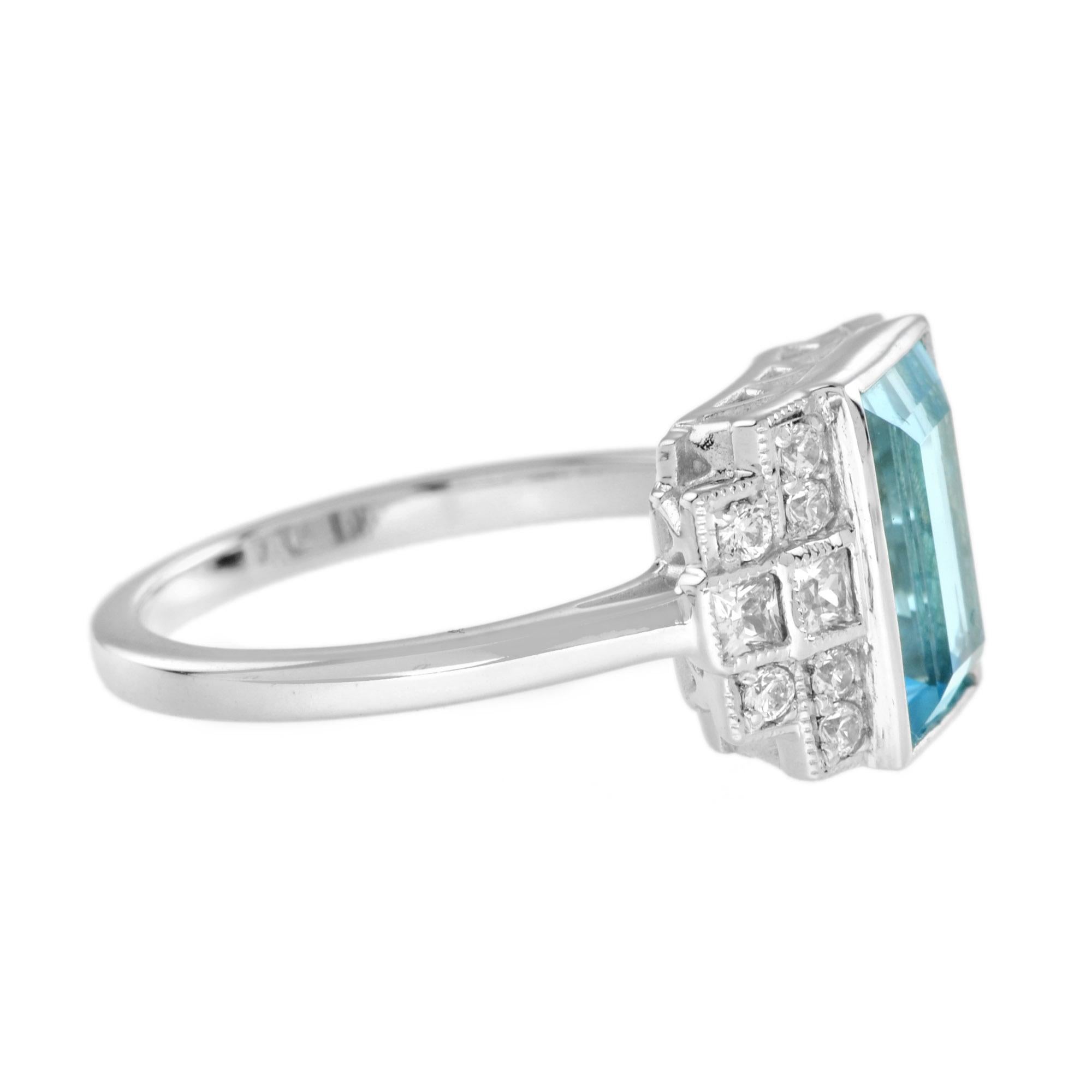 3.50 Ct. Aquamarine and Diamond Art Deco Style Cocktail Ring in 18K White Gold In New Condition For Sale In Bangkok, TH