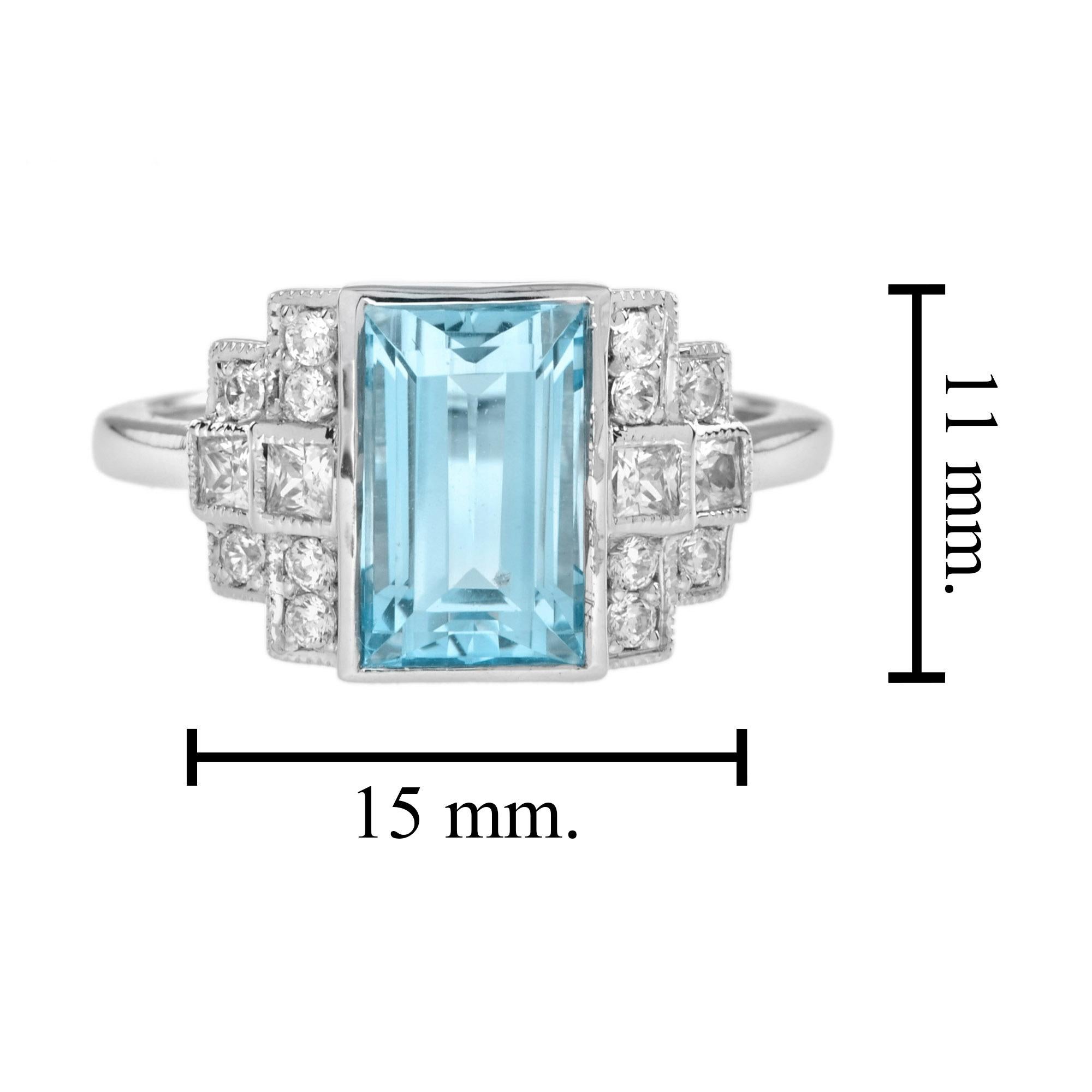 3.50 Ct. Aquamarine and Diamond Art Deco Style Cocktail Ring in 18K White Gold For Sale 2