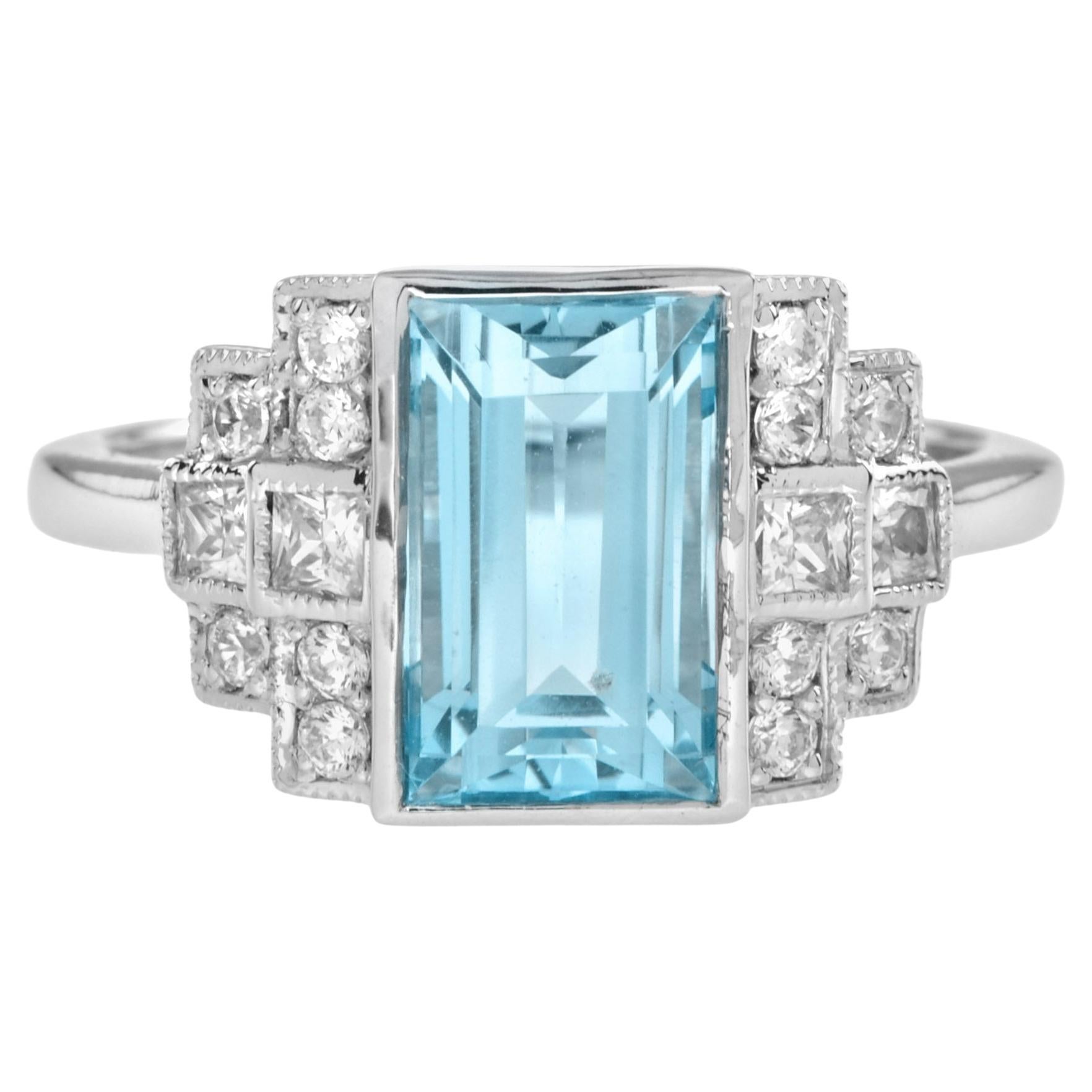 3.50 Ct. Aquamarine and Diamond Art Deco Style Cocktail Ring in 18K White Gold For Sale