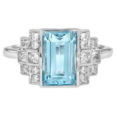 3.50 Ct. Aquamarine and Diamond Art Deco Style Cocktail Ring in 18K White Gold 3.50 Ct. Aquamarine and Diamond Art Deco Style Cocktail Ring in 18K White Gold