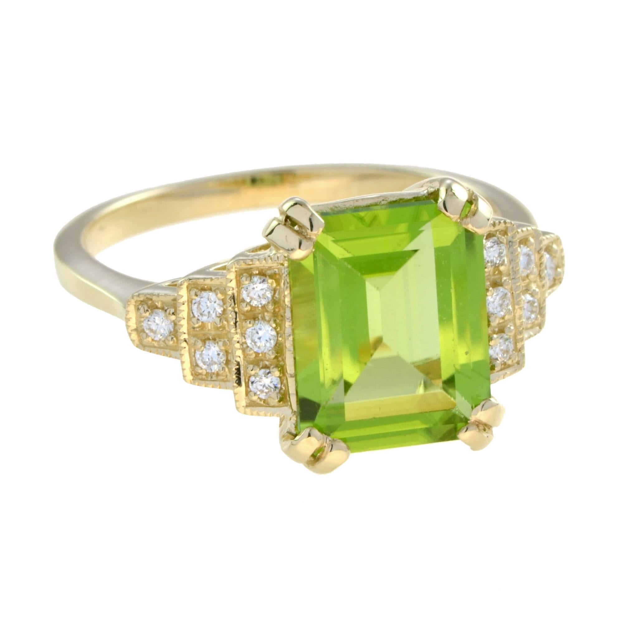 For Sale:  Emerald Cut Peridot and Step Diamond Engagement Ring in 18K Yellow Gold 3