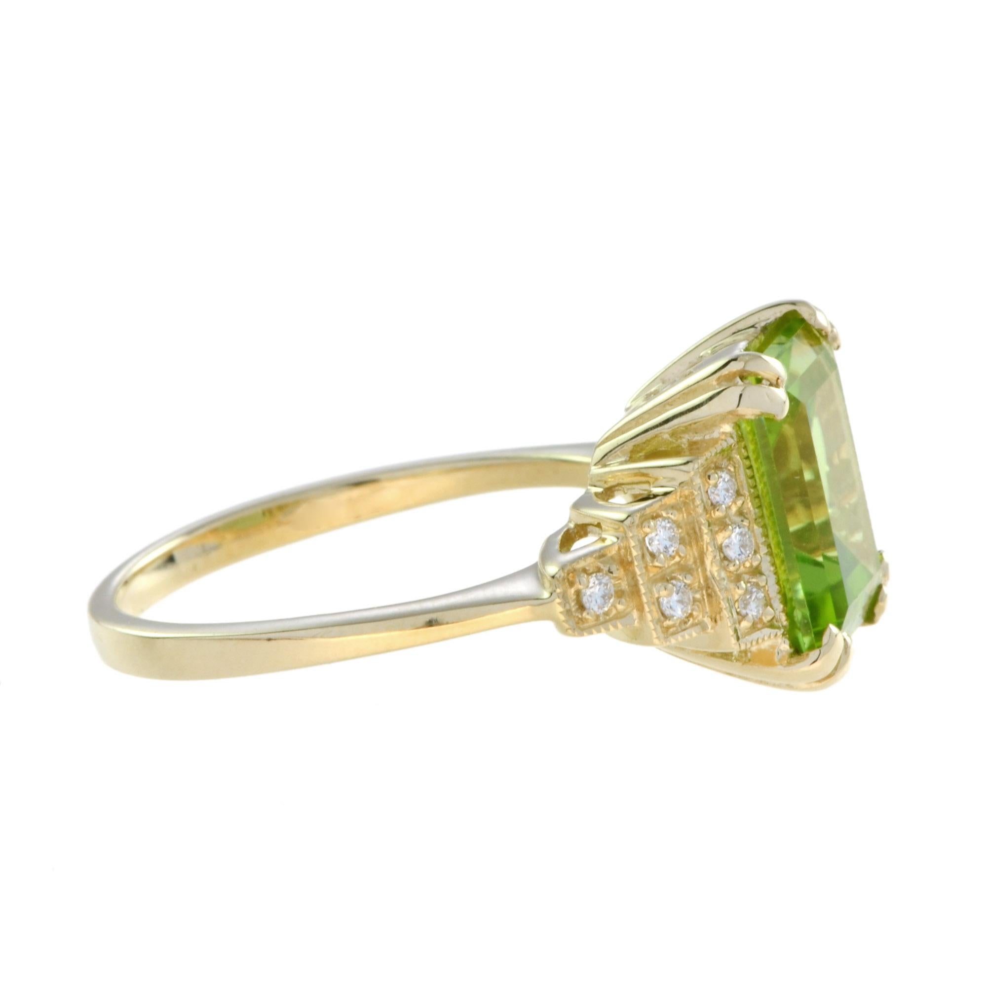 For Sale:  Emerald Cut Peridot and Step Diamond Engagement Ring in 18K Yellow Gold 4