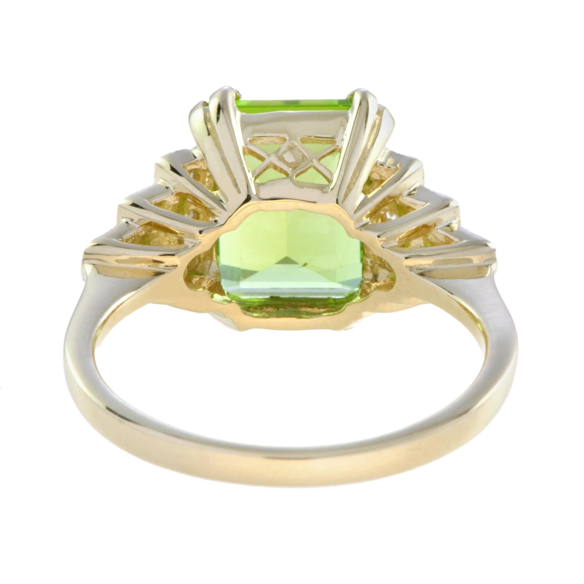 For Sale:  Emerald Cut Peridot and Step Diamond Engagement Ring in 18K Yellow Gold 5