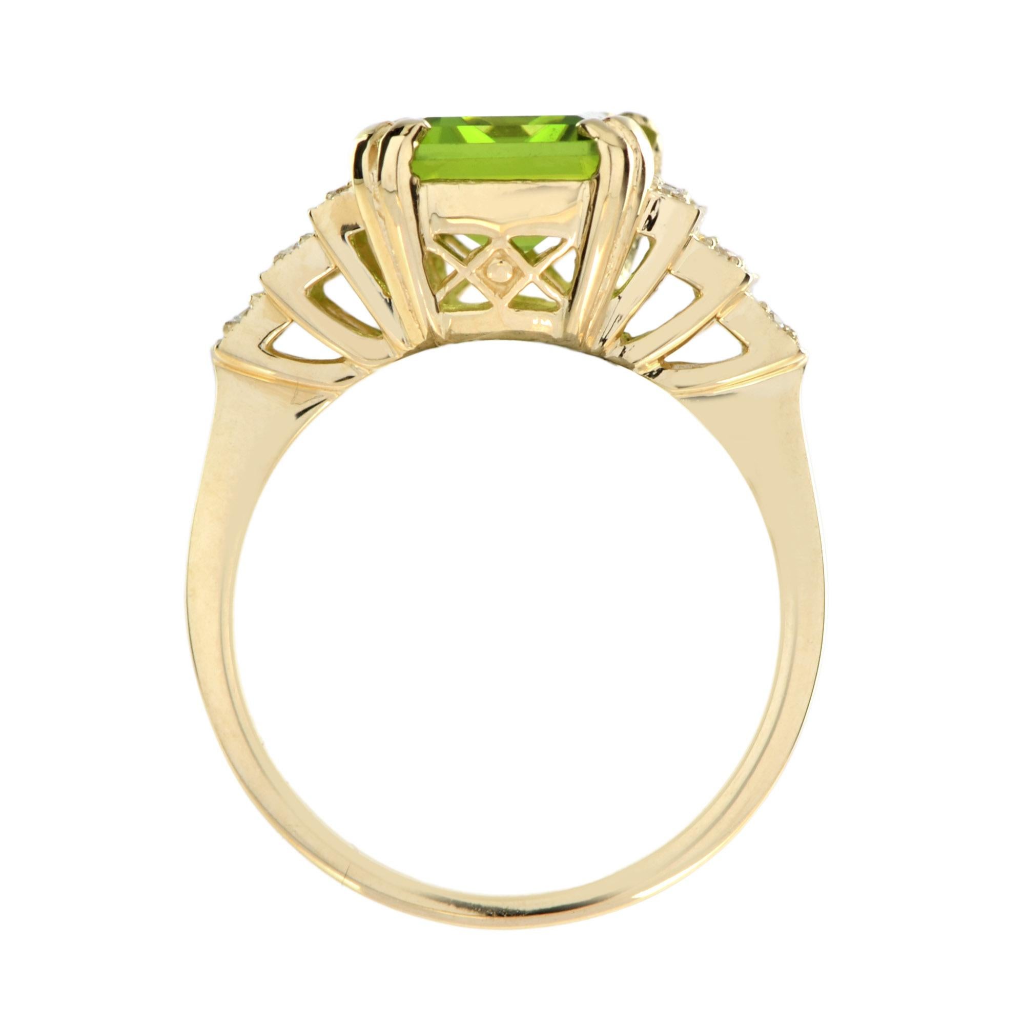 For Sale:  Emerald Cut Peridot and Step Diamond Engagement Ring in 18K Yellow Gold 6