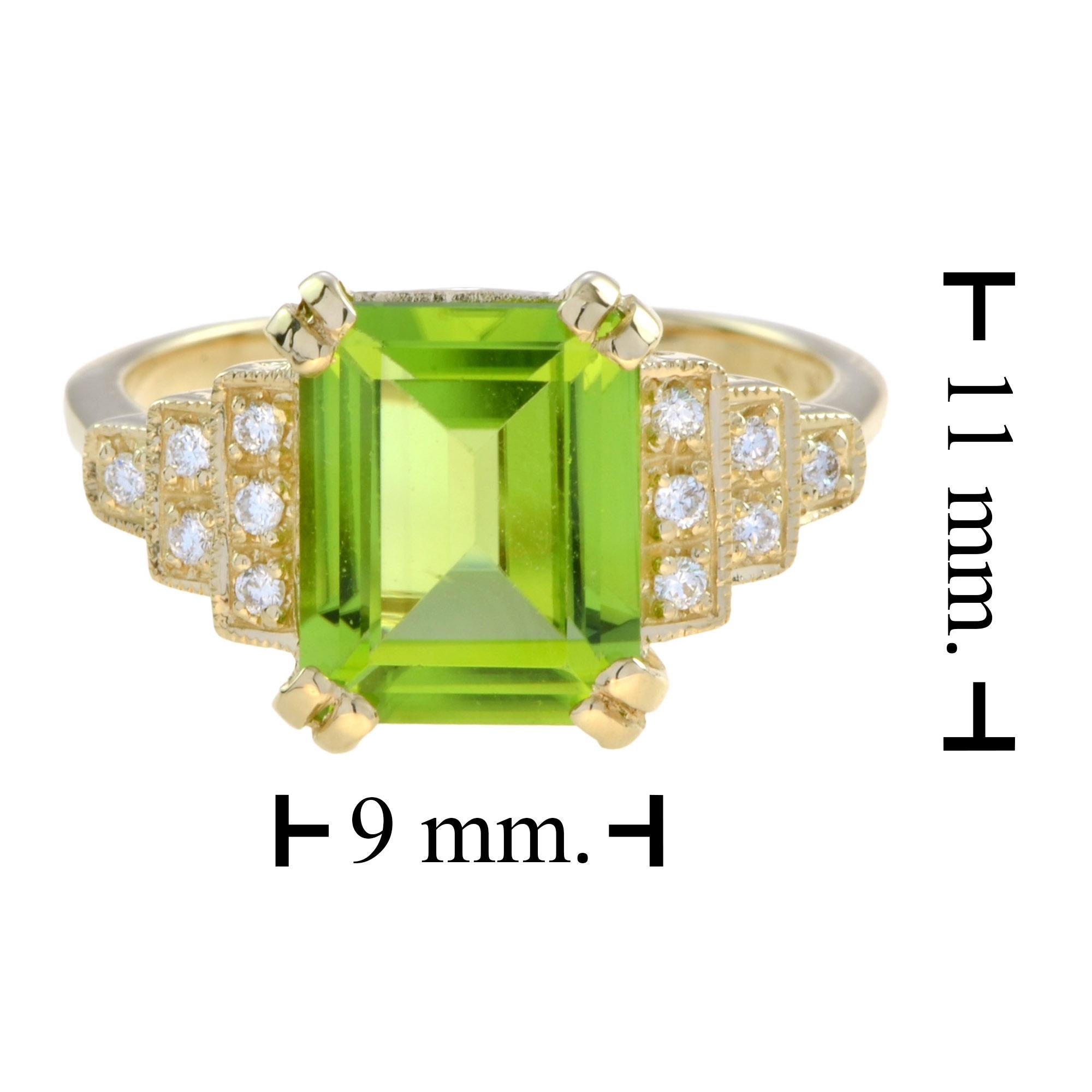For Sale:  Emerald Cut Peridot and Step Diamond Engagement Ring in 18K Yellow Gold 7
