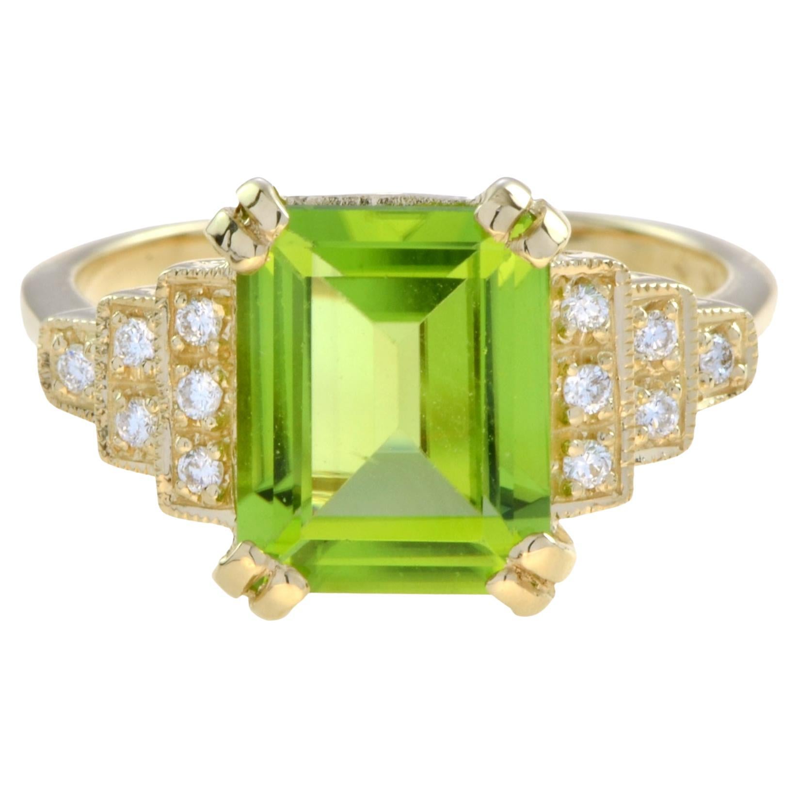 For Sale:  Emerald Cut Peridot and Step Diamond Engagement Ring in 18K Yellow Gold