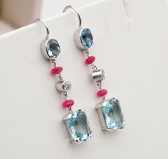 3.50 Carat Natural Aquamarine Ruby Diamond Drop Platinum Earrings