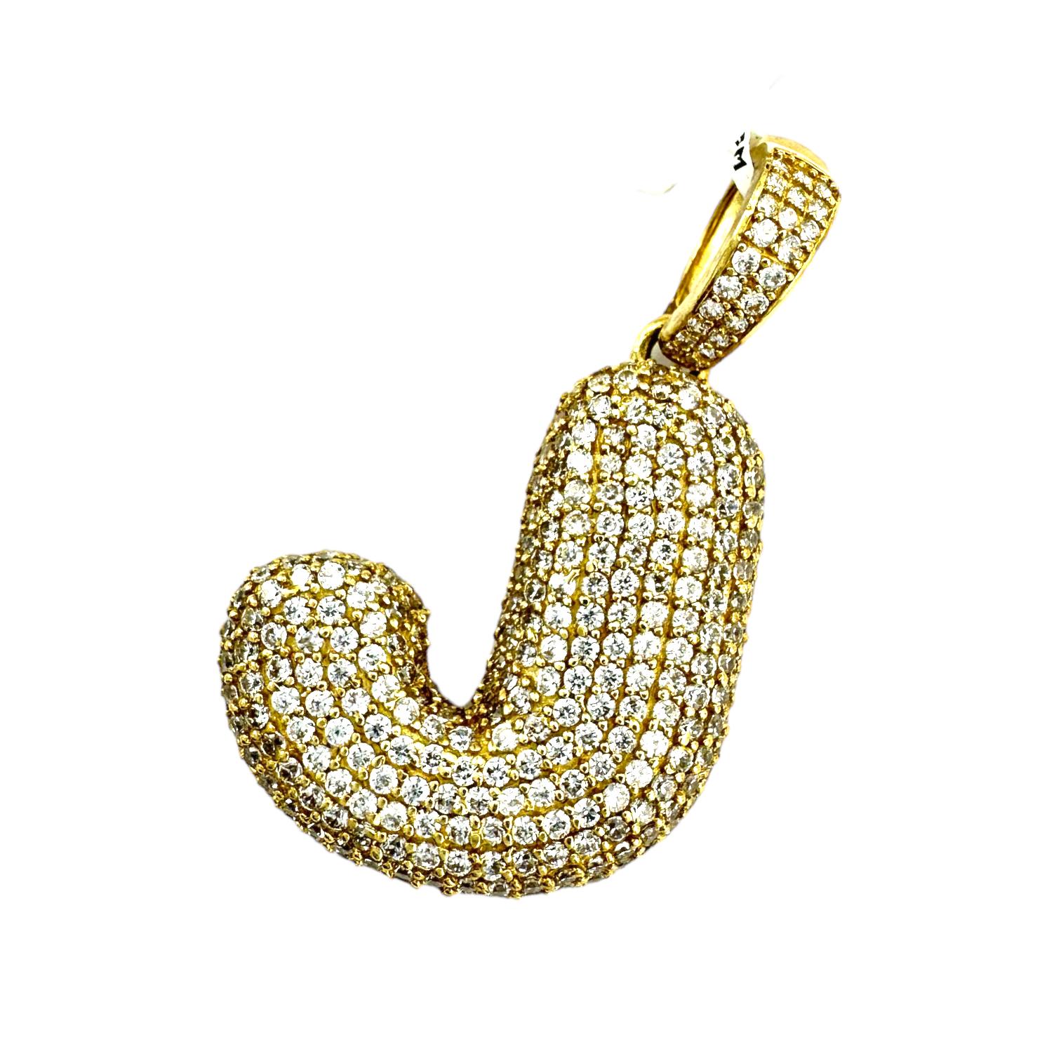 14kt initial letter J is made with twelve rows of fine diamonds. The diamonds are set in a convex rounded edge complete with diamonds, finely set in a pave fashion. The diamonds are micro-set and weigh 3.50 carats. The quality of the diamonds is SI