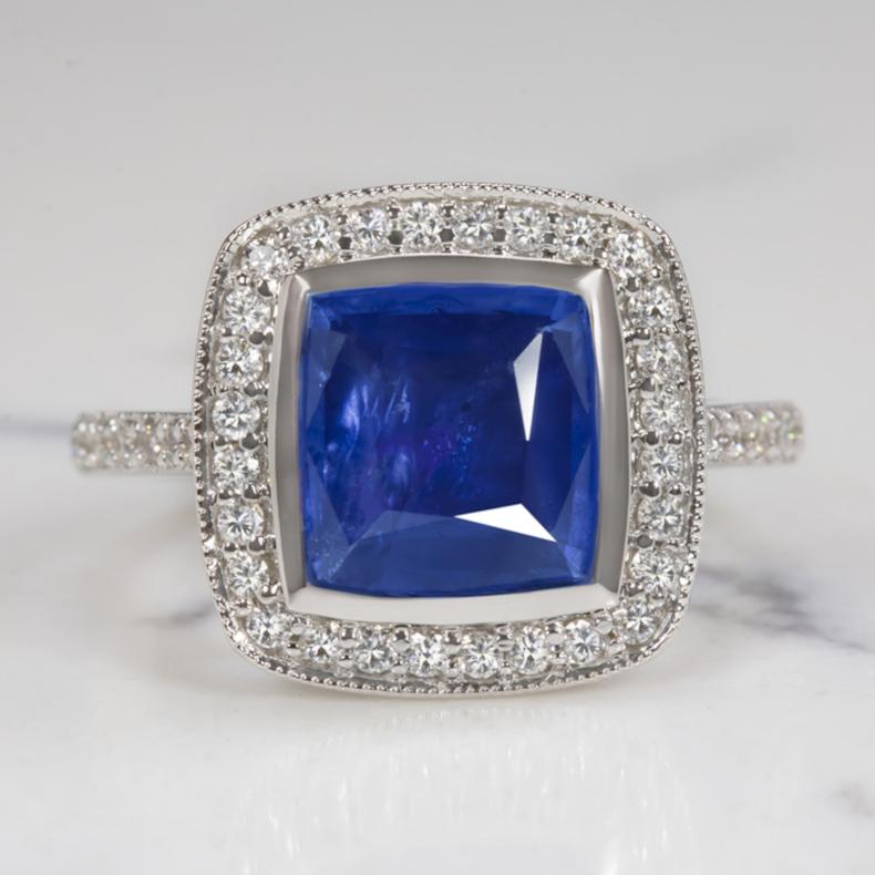 Art Deco 3.50 Ct Sapphire Diamond Cocktail Ring Hal Cushion Shape White Gold
