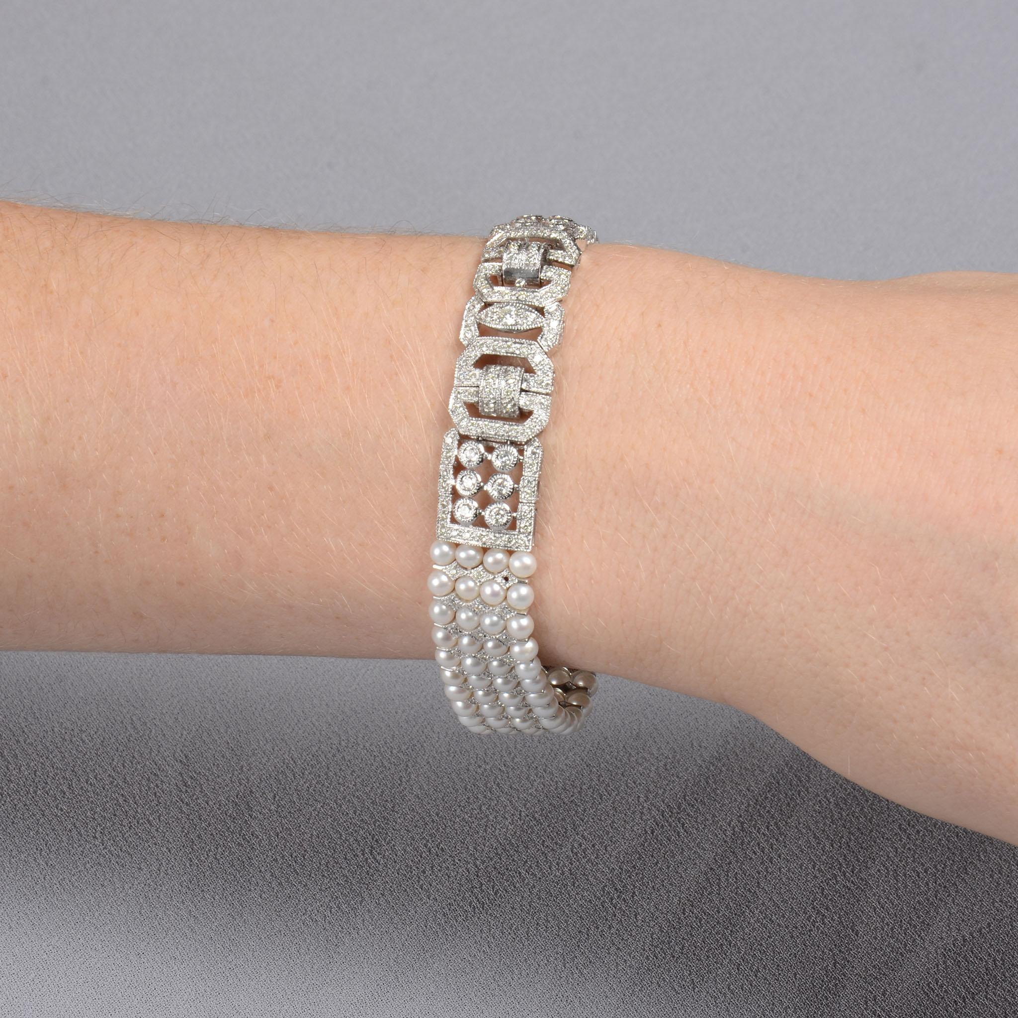 3.50 CTW Diamond and Four Strand Pearl Bracelet For Sale 2