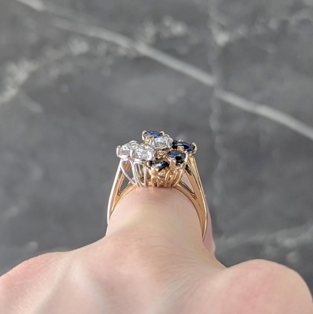 Bague cocktail grappe vintage en or 18 carats, platine, diamants et saphir 3,50 carats poids total en vente 7