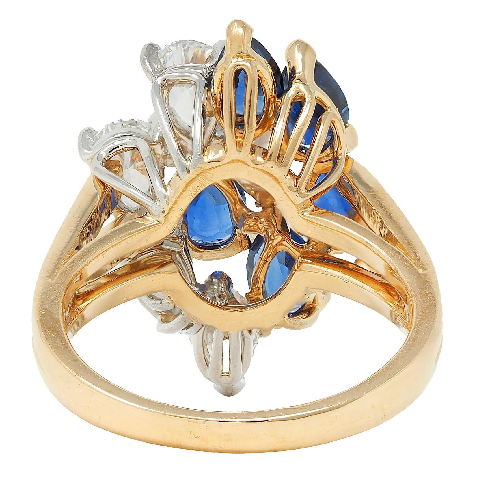 Bague cocktail grappe vintage en or 18 carats, platine, diamants et saphir 3,50 carats poids total Unisexe en vente