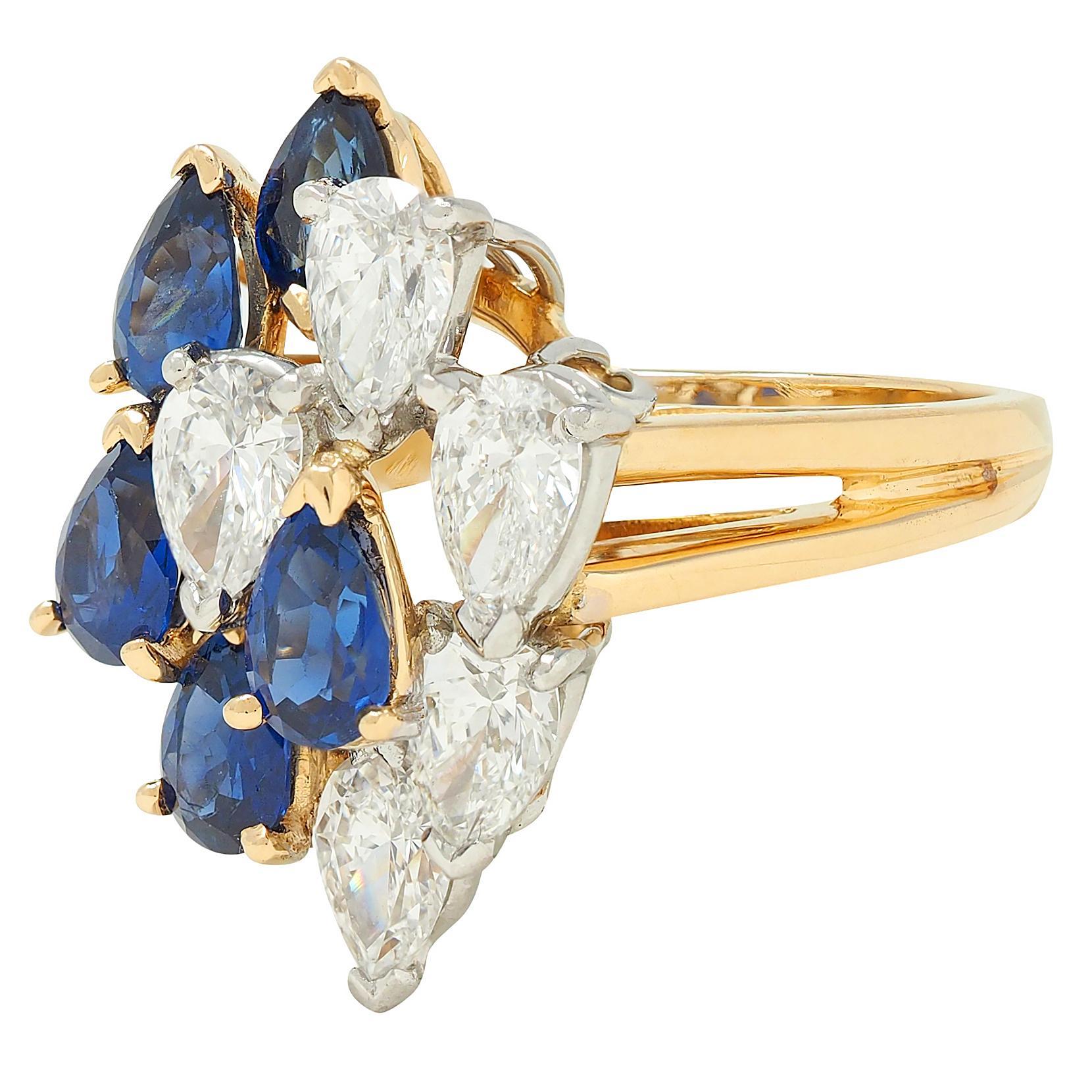 Bague cocktail grappe vintage en or 18 carats, platine, diamants et saphir 3,50 carats poids total en vente 2