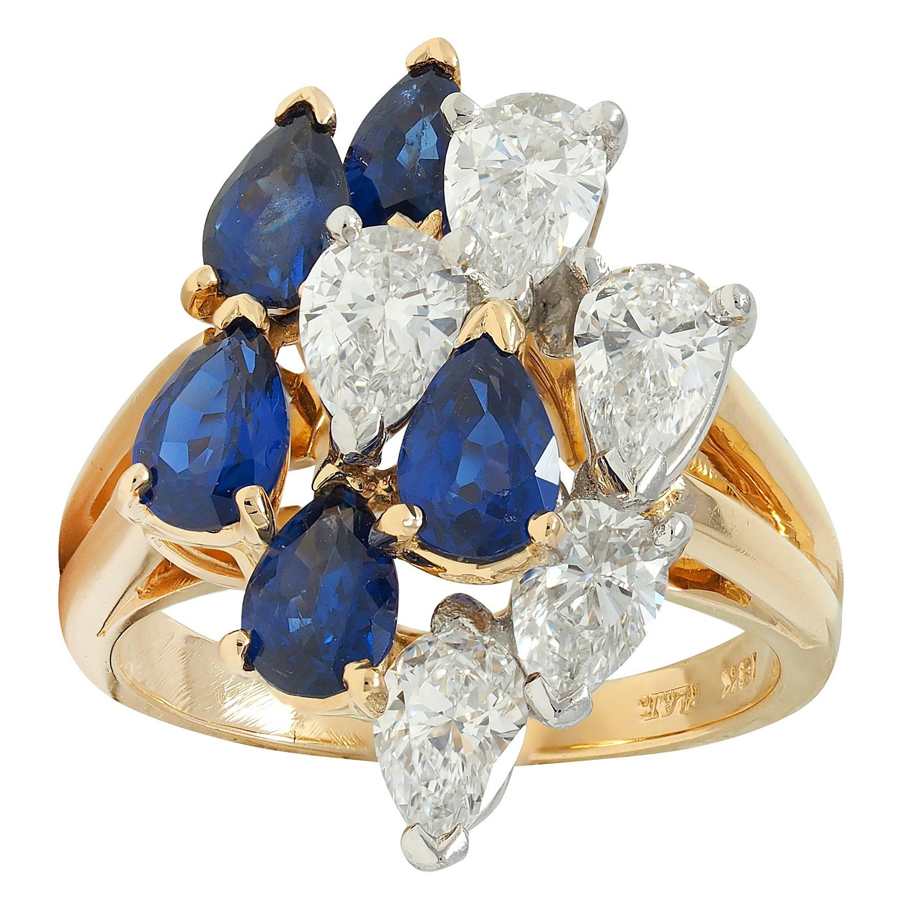 Bague cocktail grappe vintage en or 18 carats, platine, diamants et saphir 3,50 carats poids total en vente 3
