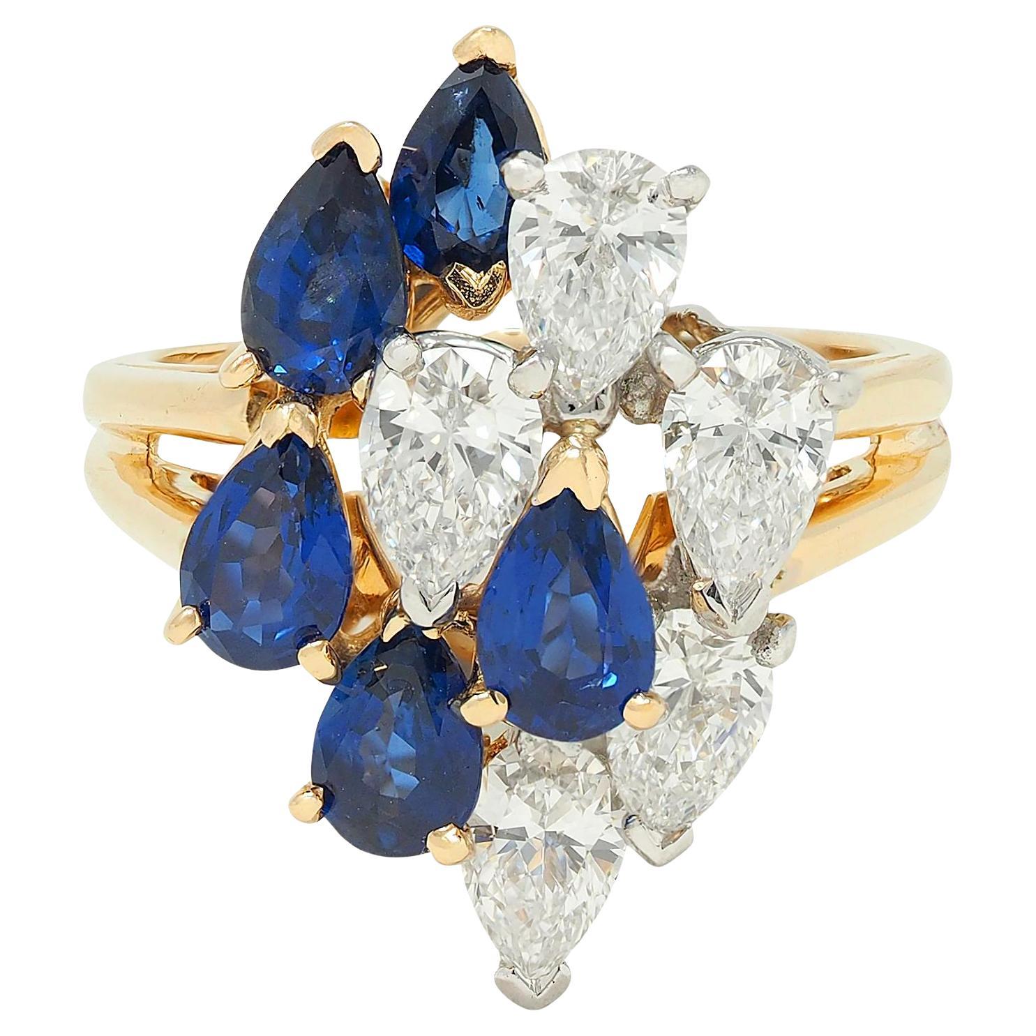 3.50 CTW Sapphire Diamond Platinum 18 Karat Gold Vintage Cluster Cocktail Ring