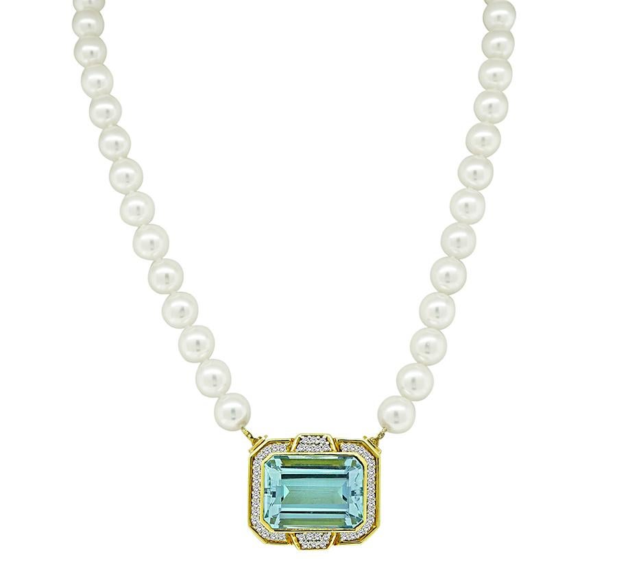 Emerald Cut 35.00ct Aquamarine 1.25ct Diamond Pearl Pin / Pendant Necklace For Sale