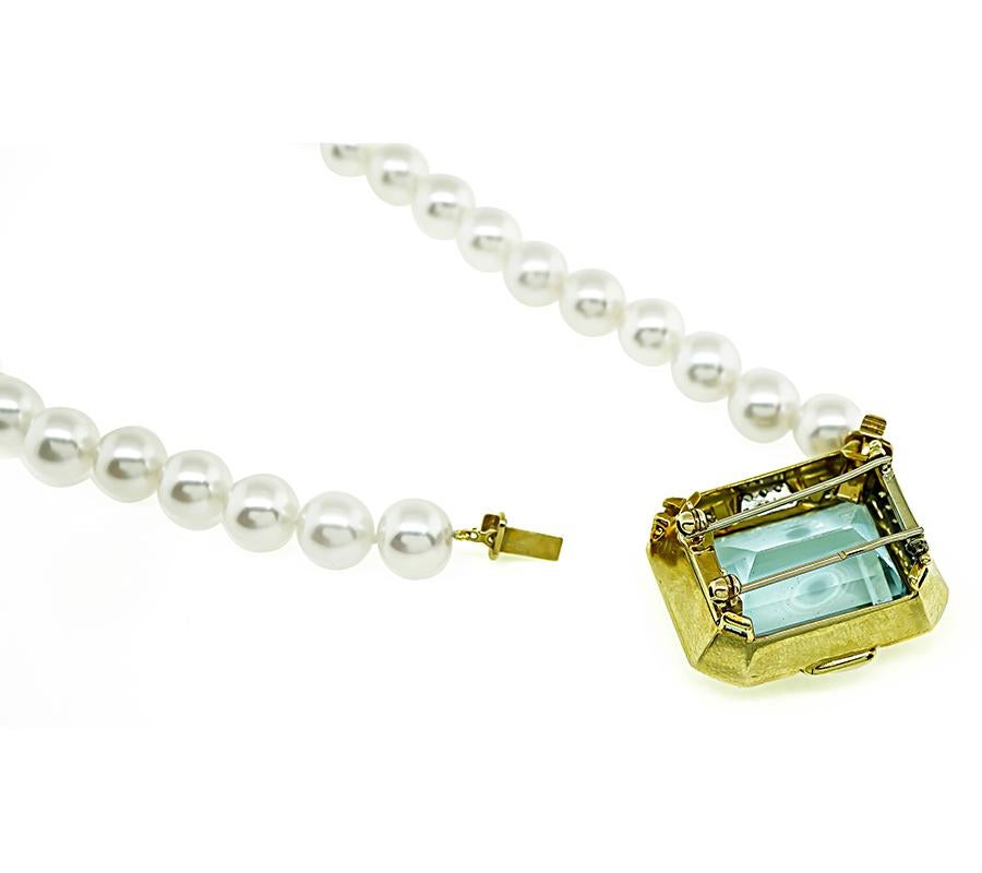 35.00ct Aquamarine 1.25ct Diamond Pearl Pin / Pendant Necklace In Good Condition For Sale In New York, NY