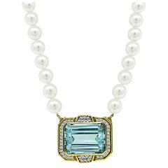 35.00ct Acquamarina 1.25ct Diamante Perla Collana con spille e pendenti