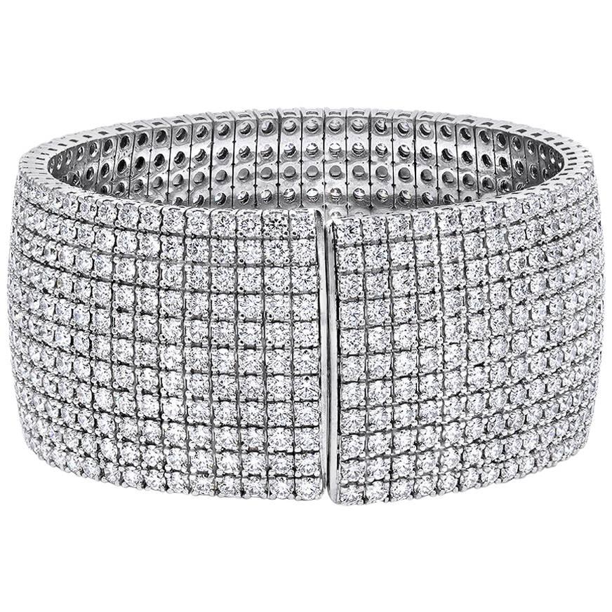 35.05 Carat 18 Kt White Gold Flexible Diamond Cuff  Bangle Bracelet For Sale