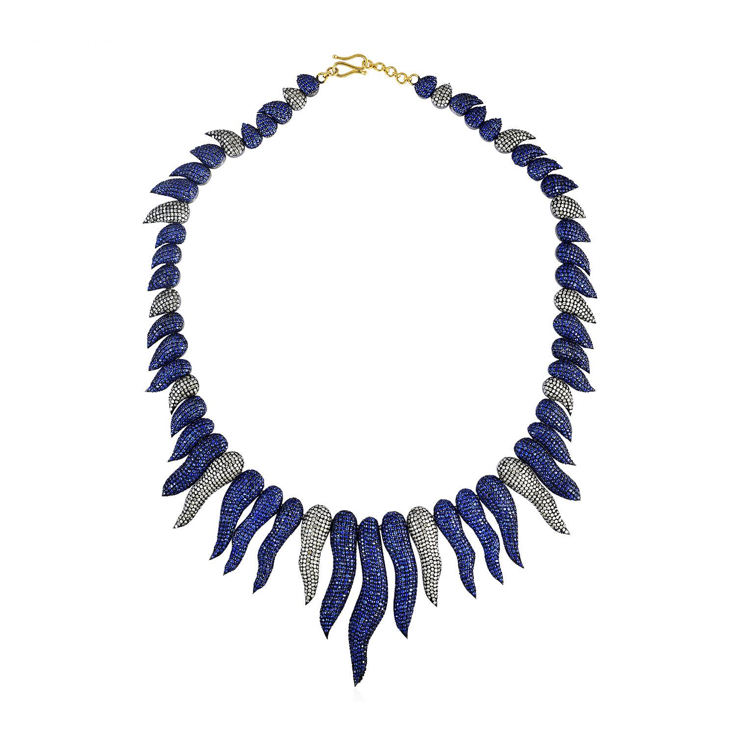 Mixed Cut 35.06 ct Pave Blue Sapphire & Pave Diamonds Tribal Style Necklace In 14k Gold For Sale