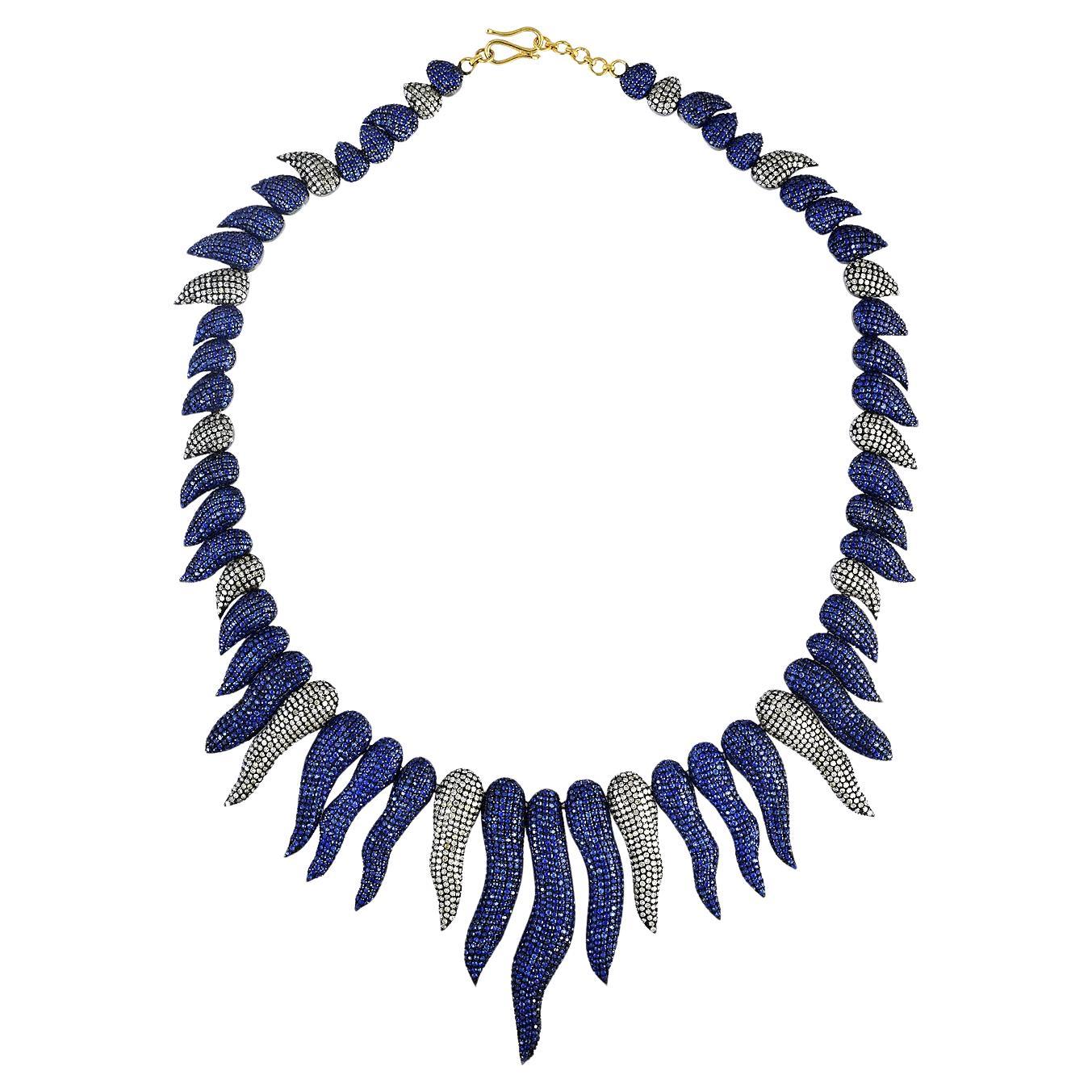 35.06 ct Pave Blue Sapphire & Pave Diamonds Tribal Style Necklace In 14k Gold For Sale