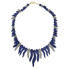 35.06 ct Pave Blue Sapphire & Pave Diamonds Tribal Style Necklace In 14k Gold