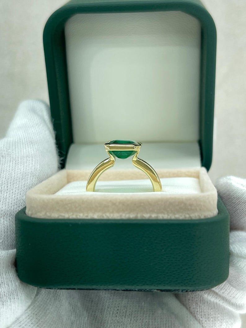 3.50ct 14K Vivid Green Emerald Solitaire Ring - Emerald Cut Half Bezel 585 Gold 4