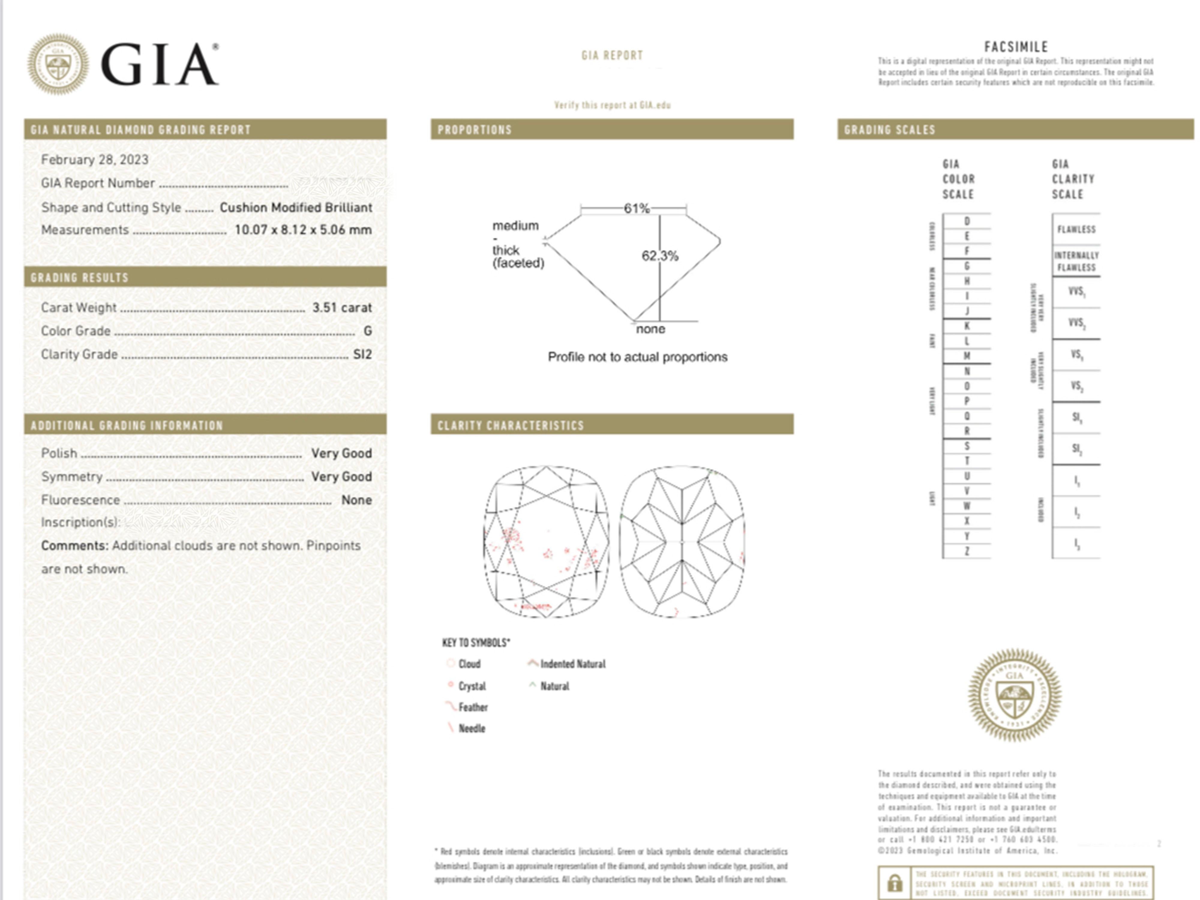 3.50ct. Cushion Natural Diamond Three-Stone Engagement Ring 18K Gold, GIA Report In New Condition For Sale In New York, NY