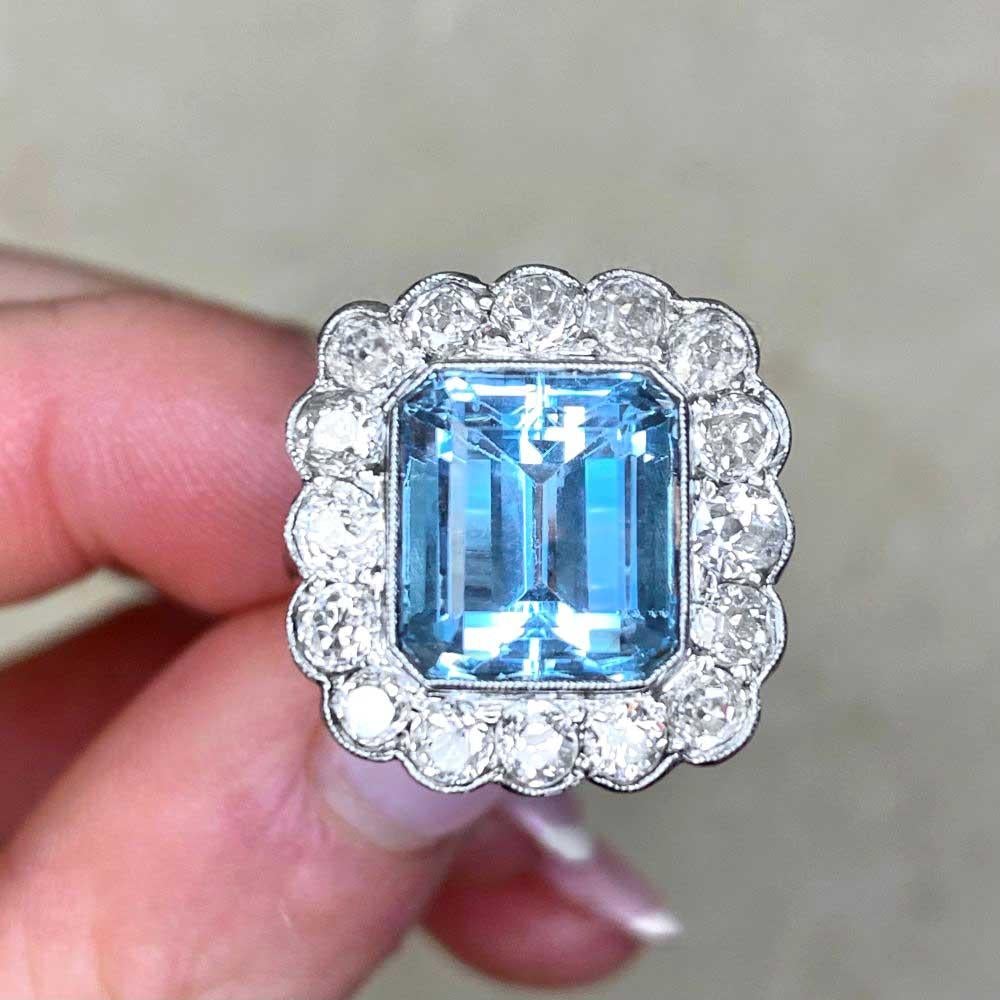 3.50ct Emerald Cut Aquamarine Engagement Ring, Diamond Halo, Platinum For Sale 5