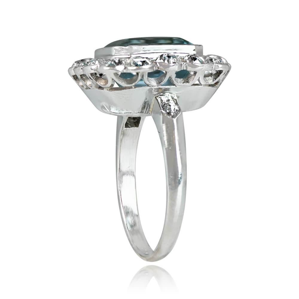 Art Deco 3.50ct Emerald Cut Aquamarine Engagement Ring, Diamond Halo, Platinum For Sale
