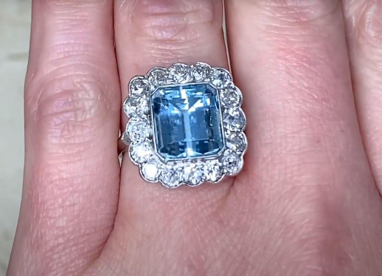 Women's 3.50ct Emerald Cut Aquamarine Engagement Ring, Diamond Halo, Platinum For Sale
