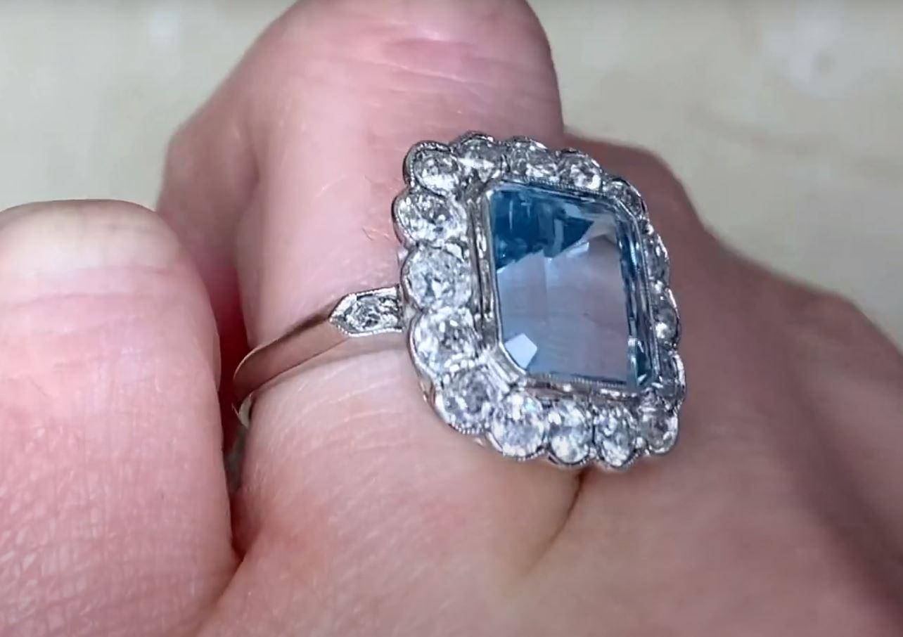 3.50ct Emerald Cut Aquamarine Engagement Ring, Diamond Halo, Platinum For Sale 1