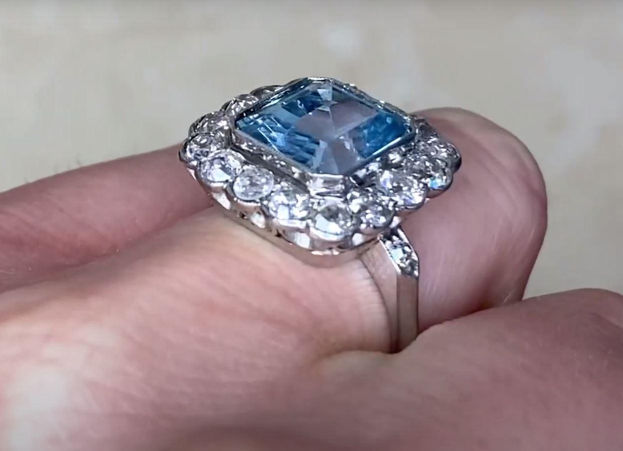 3.50ct Emerald Cut Aquamarine Engagement Ring, Diamond Halo, Platinum For Sale 2