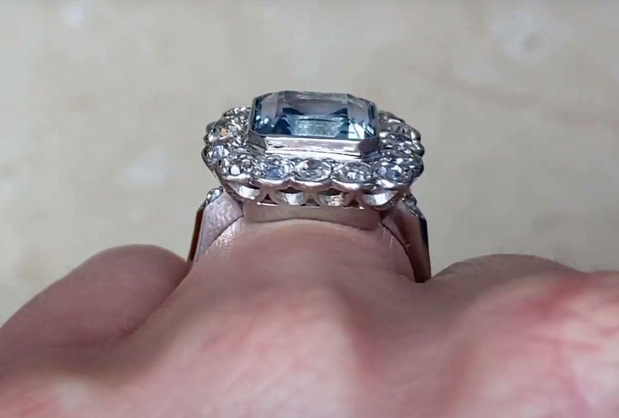 3.50ct Emerald Cut Aquamarine Engagement Ring, Diamond Halo, Platinum For Sale 3