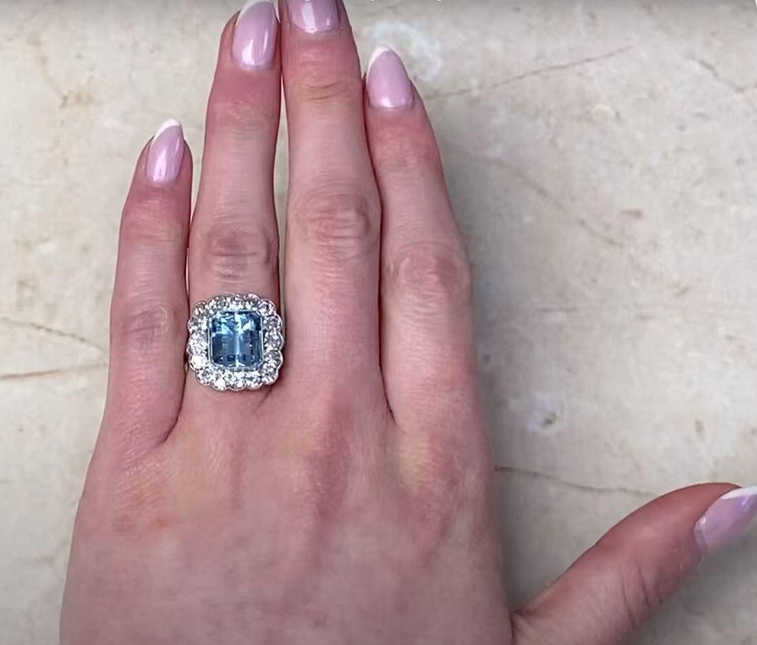 3.50ct Emerald Cut Aquamarine Engagement Ring, Diamond Halo, Platinum For Sale 4
